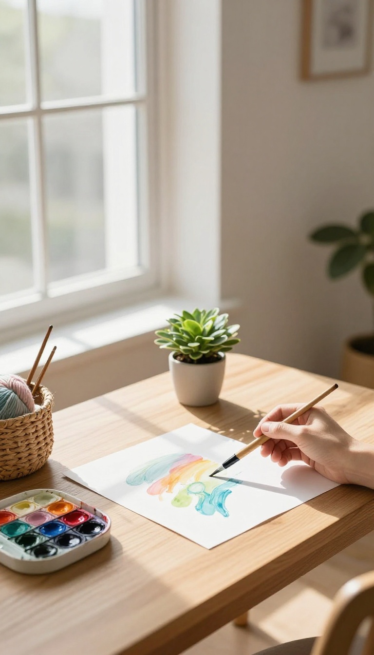 Cozy creative corner with watercolor supplies and knitting materials in bright natural light