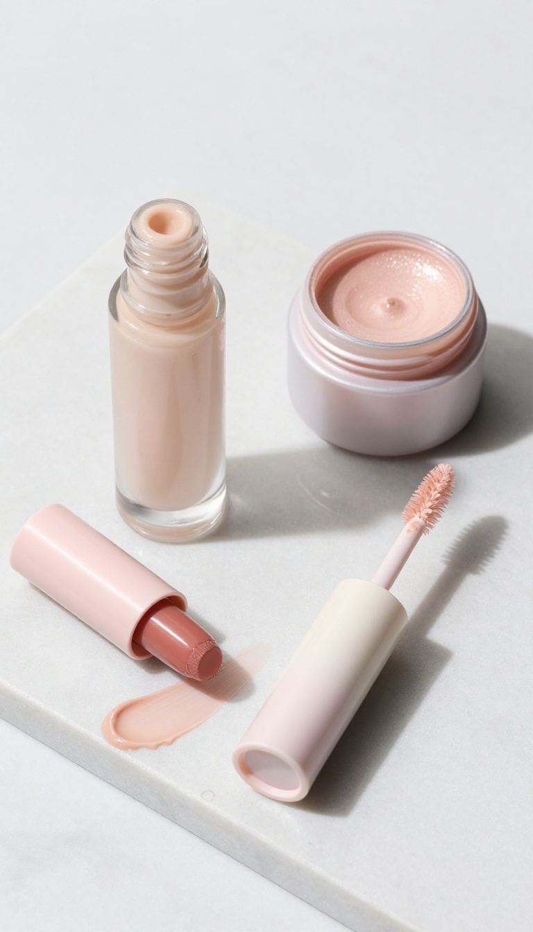 Flat lay of dewy makeup products on a white marble surface with natural light.