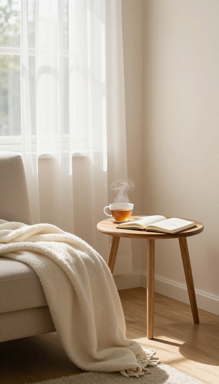 A peaceful, sunlit reading nook with a journal and tea, symbolizing a scheduled time for emotional processing after a breakup.