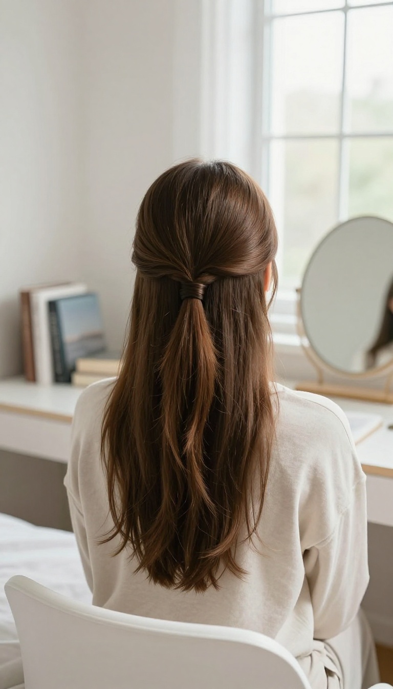 Young woman with sleek ponytail in bright, tidy bedroom