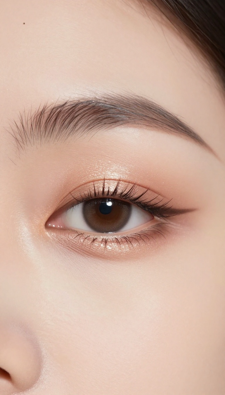 Close-up of a woman's eye with a glowing metallic champagne-bronze eyeshadow look, luminous and well-blended, with natural lashes and radiant skin.