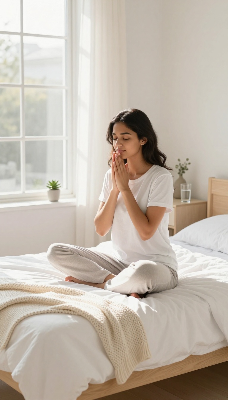 Young woman doing a peaceful morning reset in a bright bedroom