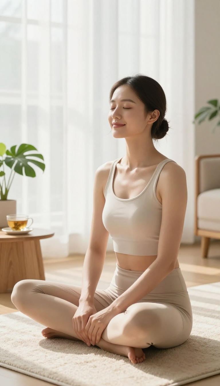 Woman meditating in a bright room with glowing skin, representing stress management for healthy skin