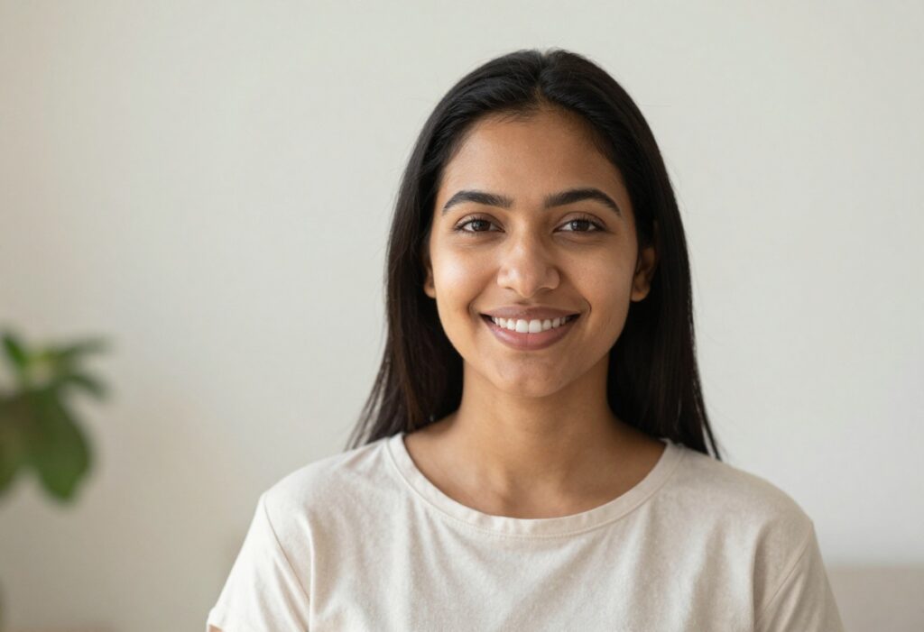 Woman with glowing skin smiling in natural light