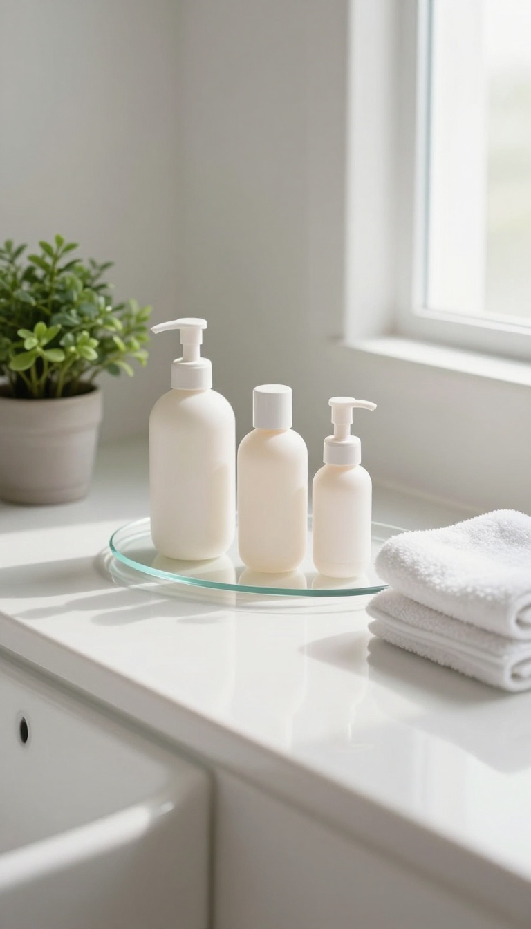 A minimal skincare shelf with unlabeled products in bright natural light, symbolizing a consistent routine.