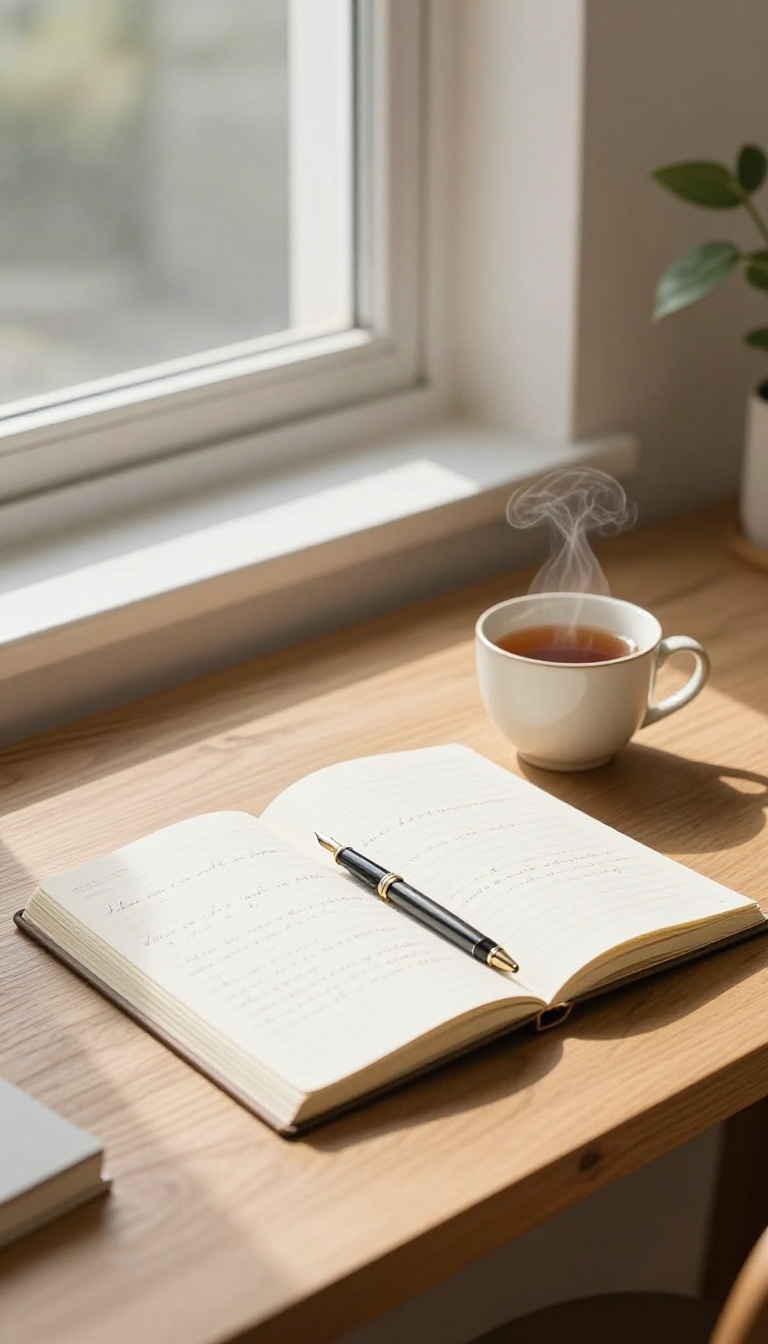 A cozy desk with a notebook and pen by a sunny window, symbolizing writing a letter to your future self.