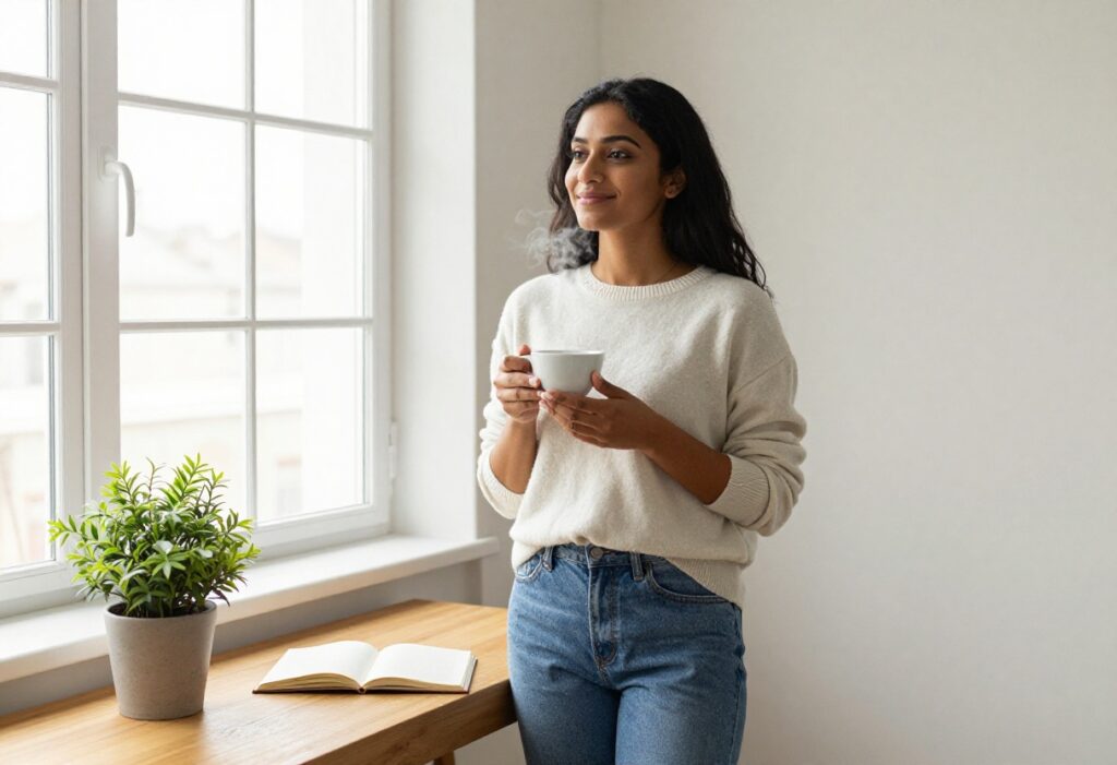 Woman smiling by a window after a breakup, symbolizing a fresh start