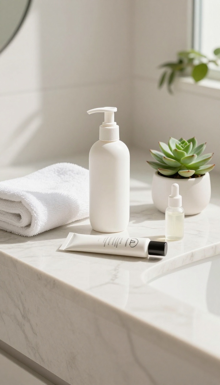 A flat lay of a sunscreen bottle and skincare items on a marble bathroom countertop in natural light