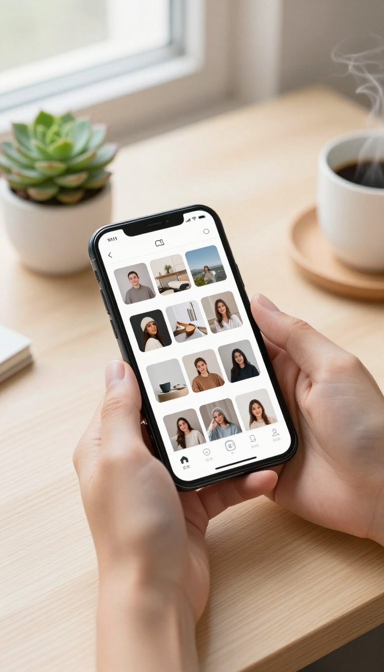 Person organizing photos on a smartphone with clean albums on a bright desk