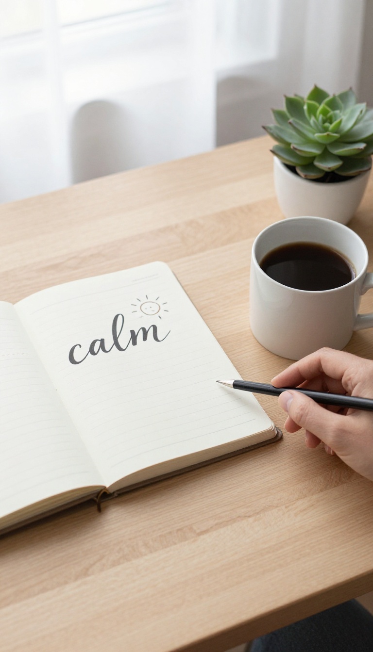 Open planner with the word 'calm' written on the page, coffee mug, and succulent on a wooden desk in bright natural light