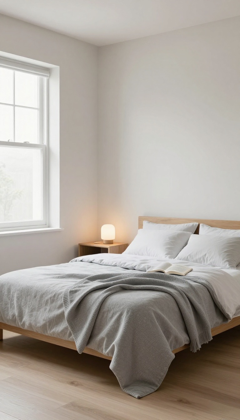 A cozy bed with a weighted blanket in a bright, minimalist bedroom, evoking relaxation and better sleep.