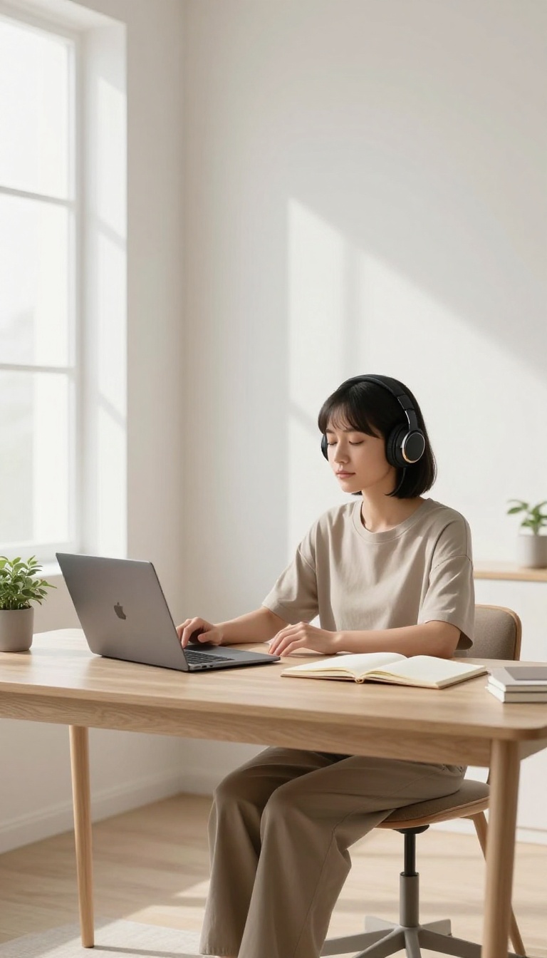 Person wearing noise-canceling headphones in a peaceful, sunlit home office, eyes closed, embodying focus and calm.
