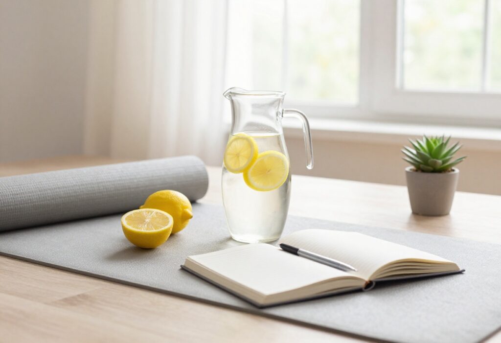 Flat lay of a morning glow up routine with lemon water, journal, and yoga mat