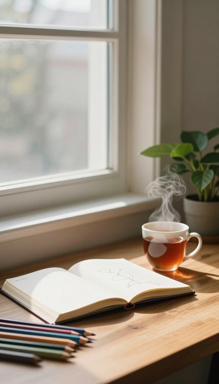 A cozy desk with a sketchbook, colored pencils, and tea in warm natural light, symbolizing reconnecting with hobbies.
