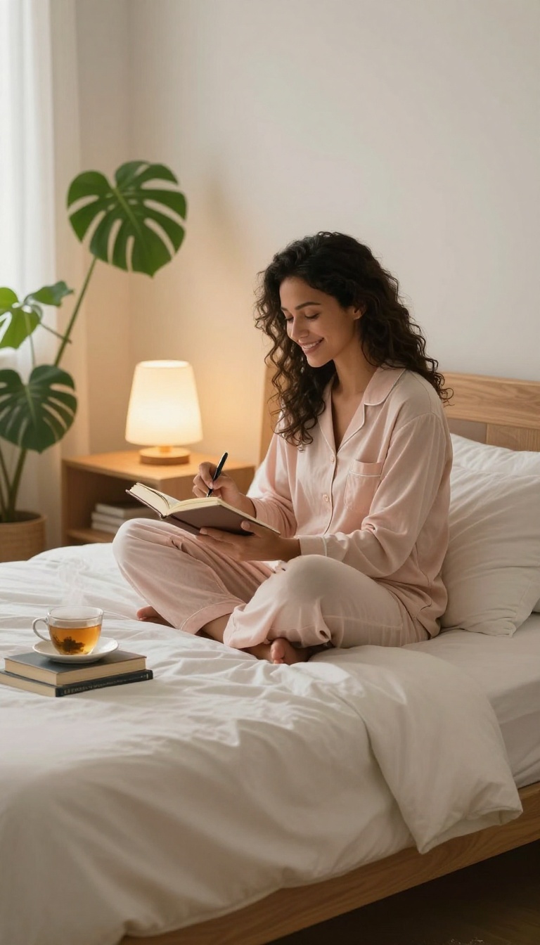 Woman journaling in bed at night with a warm lamp and tea, creating a cozy gratitude ritual