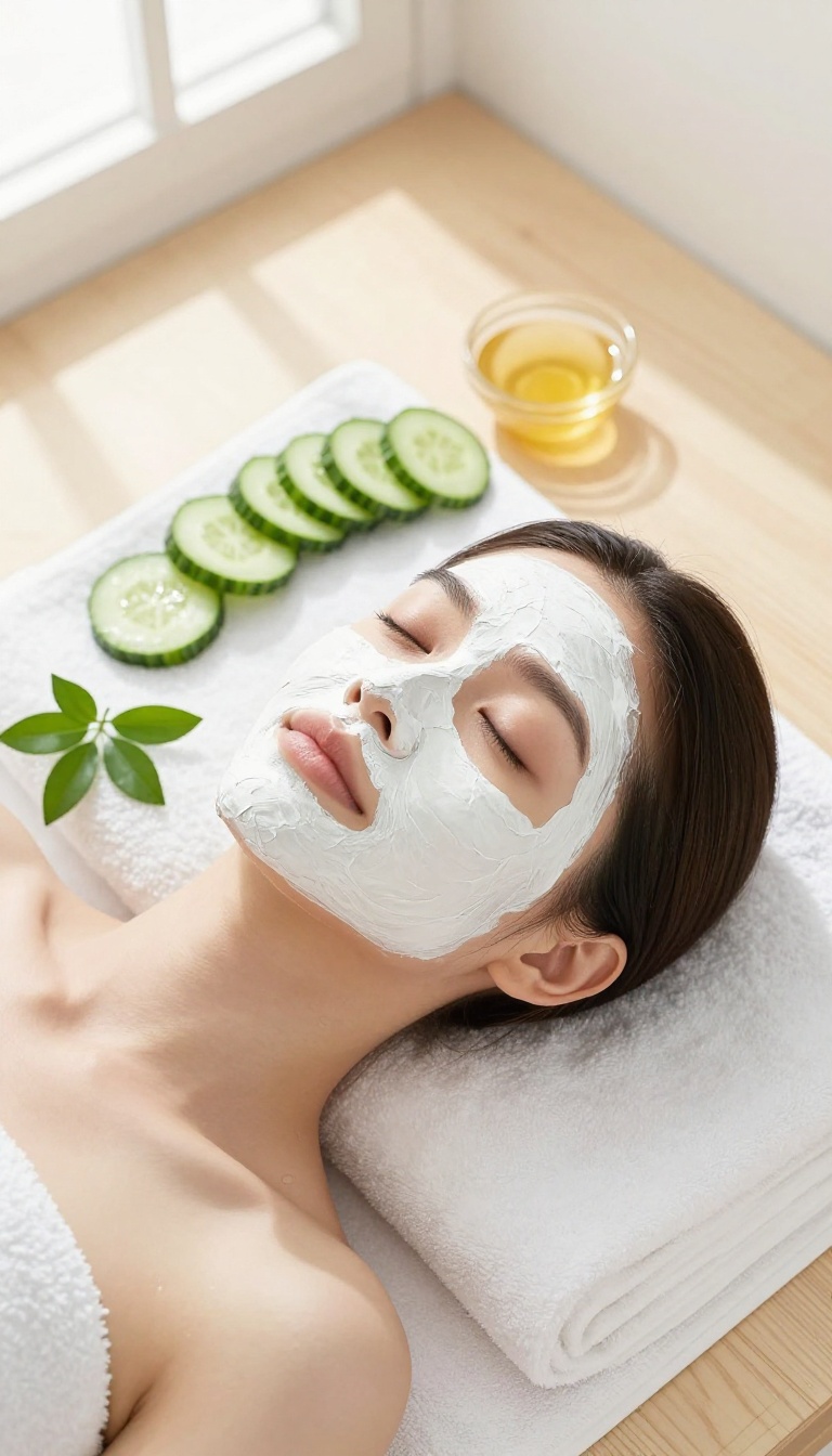 Woman relaxing with a white clay face mask, surrounded by spa elements in natural light.