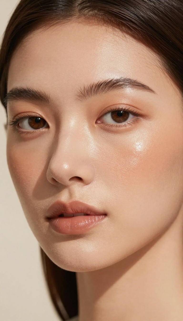 Close-up of a woman with a sun-kissed glow from shimmering bronzer on her cheeks, nose, and forehead.