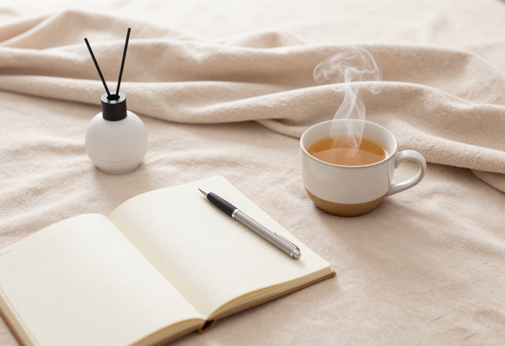Self-care products arranged on a pastel background