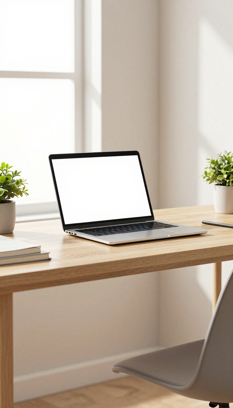 Laptop stand on a desk in a bright home office, raising the laptop screen to eye level for ergonomic comfort.