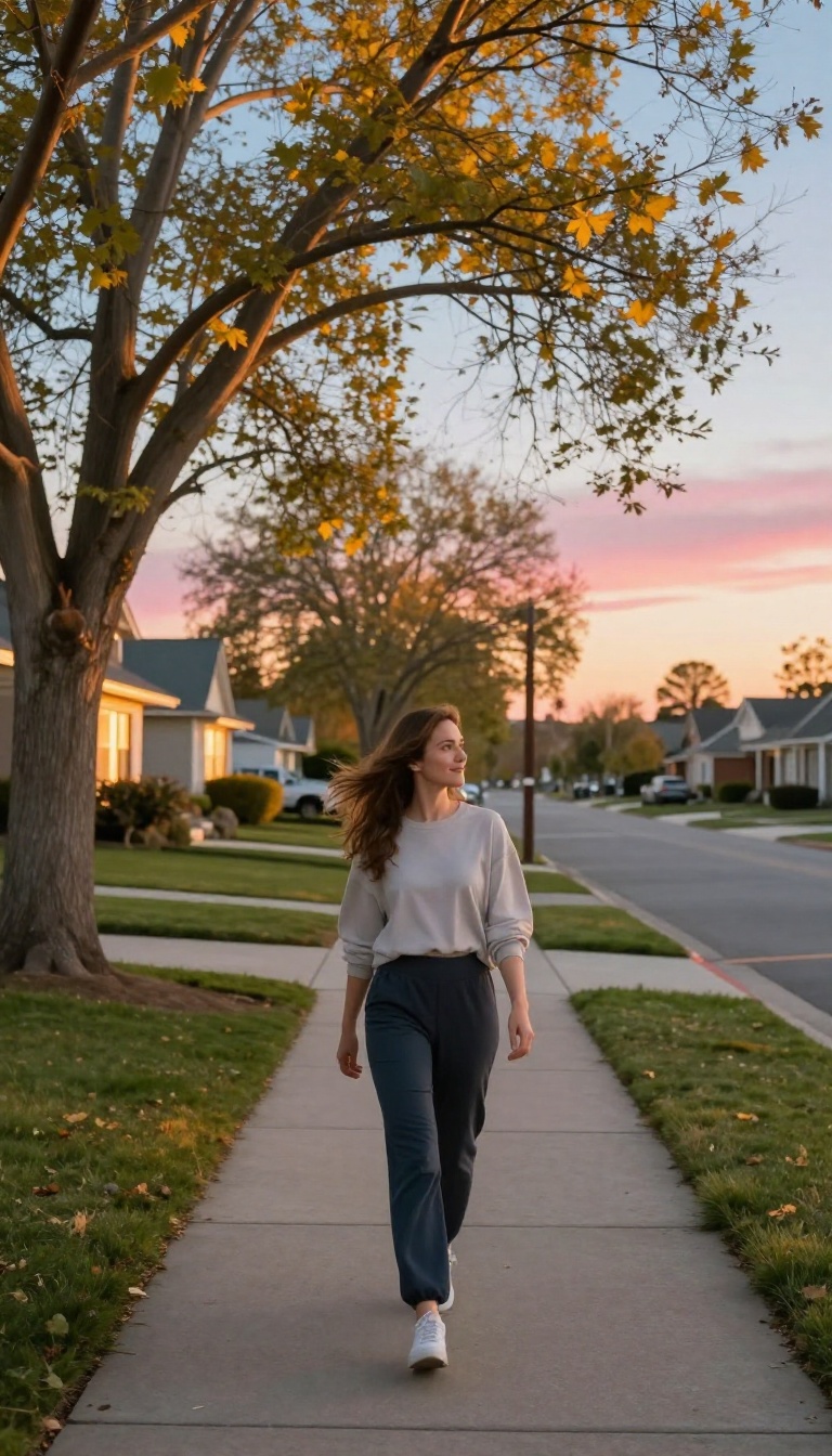 Woman taking a peaceful evening walk in a calm neighborhood at sunset, embodying a self-care routine.