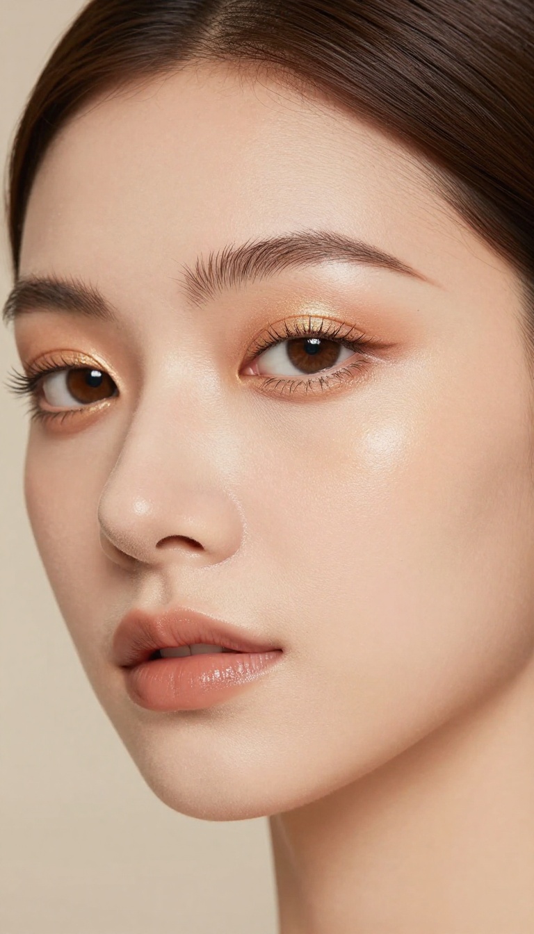 Close-up of luminous skin with soft gold shimmer eyeshadow and highlighter, minimal makeup, natural light