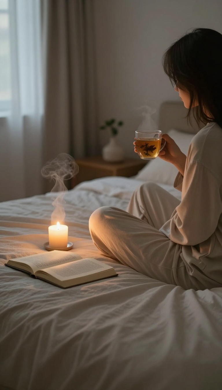 A cozy bedroom scene with a woman relaxing by candlelight, holding a cup of tea, with a book and journal nearby, evoking a peaceful evening ritual.