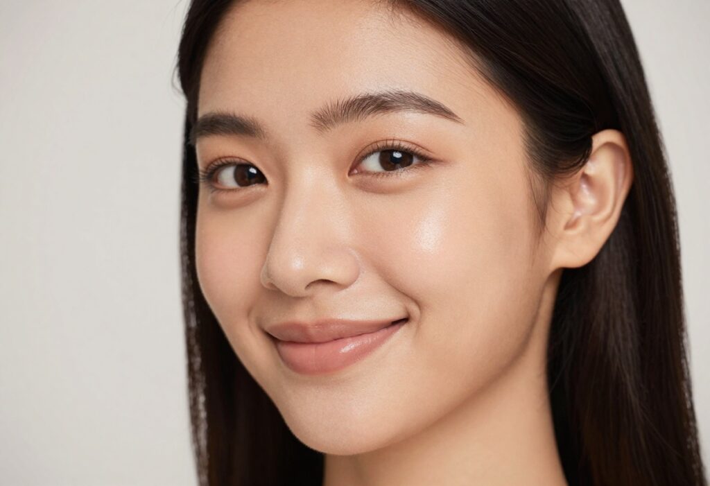 Woman with soft, dewy makeup look and glowing skin