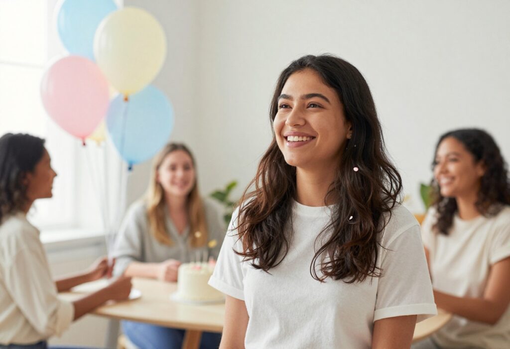 Smiling person celebrating birthday with glow up vibe
