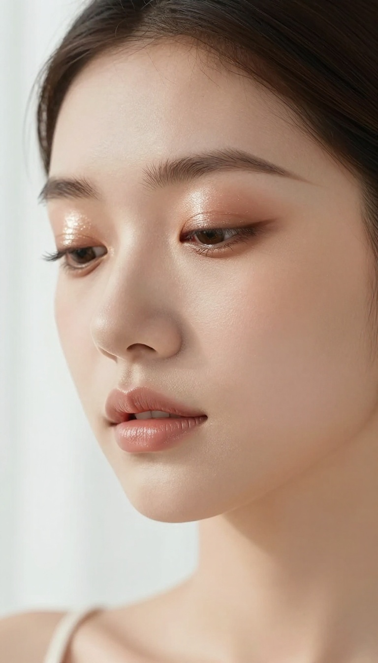 Woman with shimmering champagne eyeshadow and nude glossy lips, soft natural light