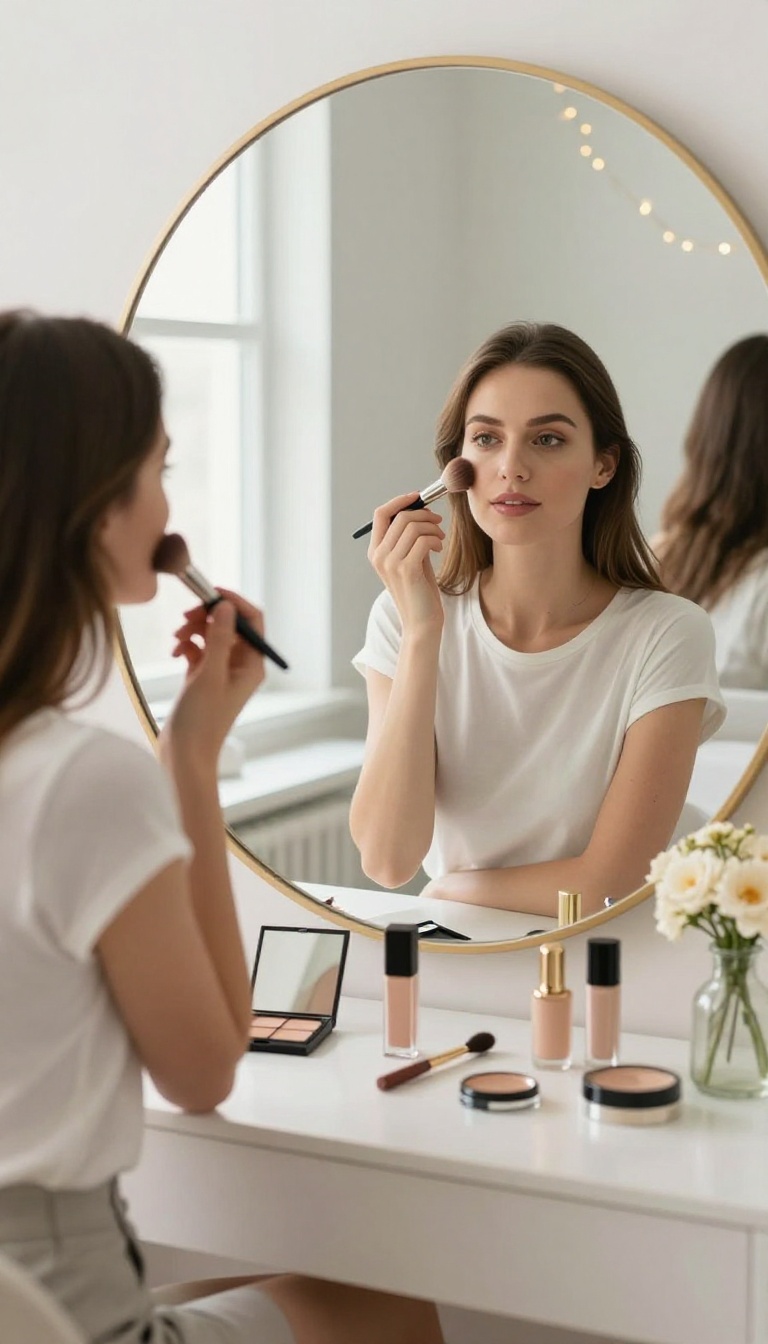 Woman applying makeup at a sunlit vanity table with a mirror and flowers, representing a professional makeup session for a birthday glow up.