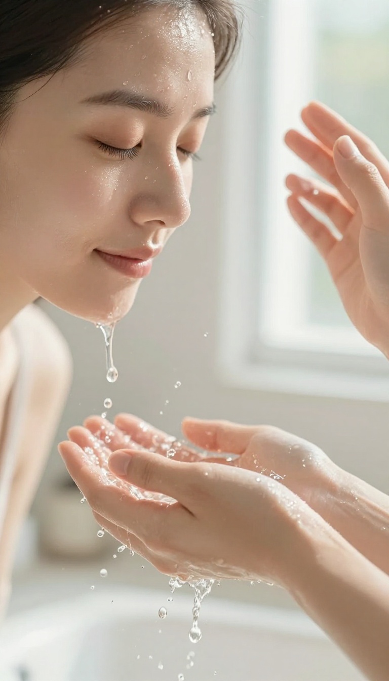 Woman splashing cold water on her face in a bright bathroom for a refreshing morning glow