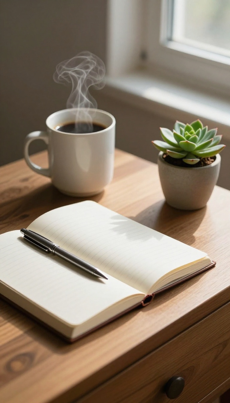 Open journal and pen on a bedside table with coffee and a succulent in warm morning light
