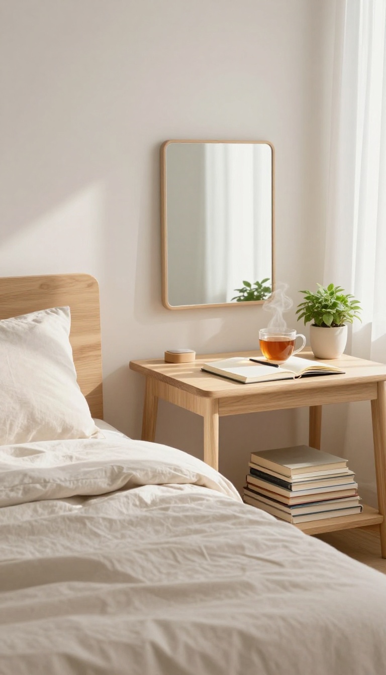 Peaceful morning bedroom with a notebook and mirror, symbolizing daily affirmations and self-reflection after a breakup.