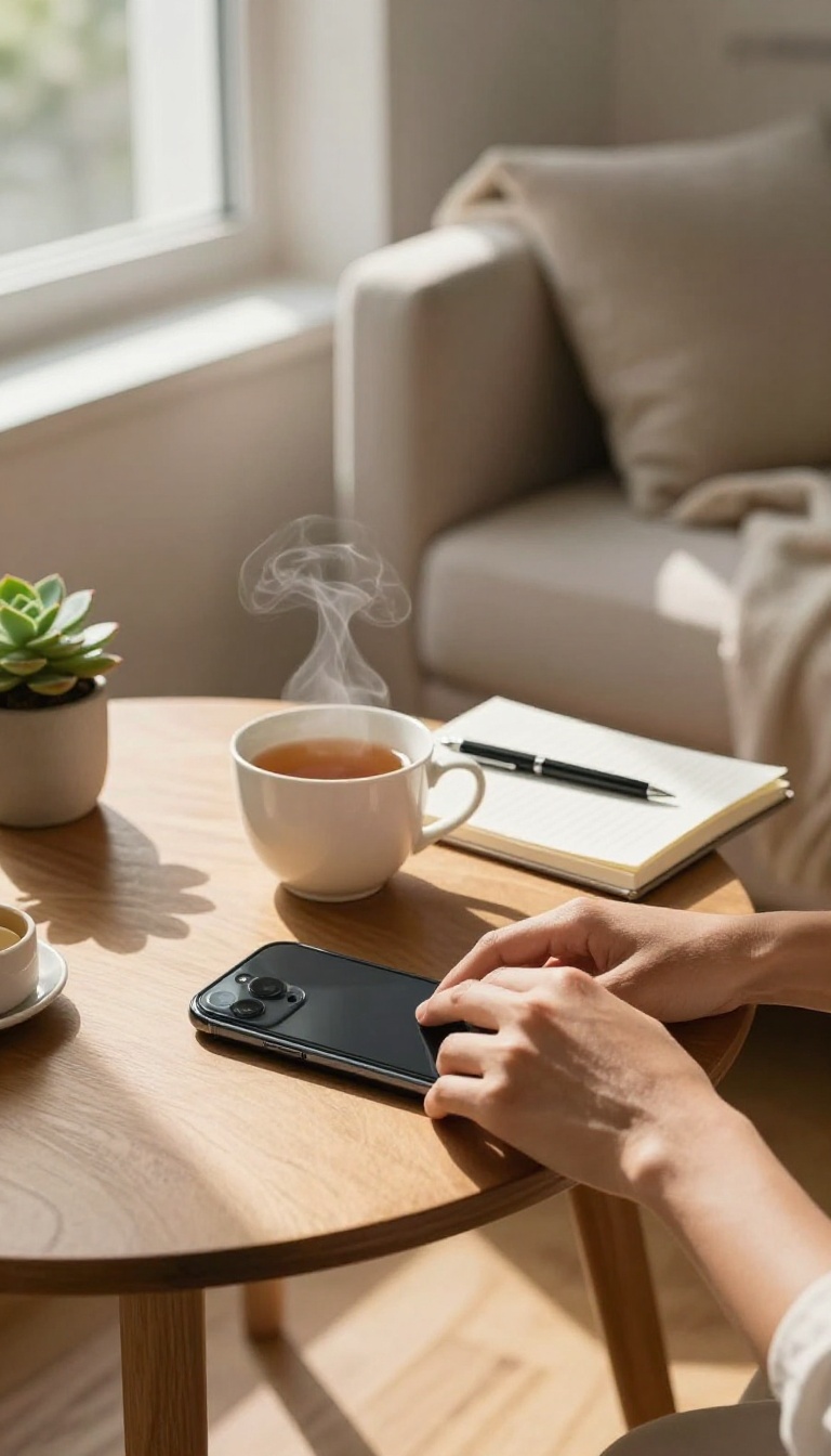 A person placing a phone face down next to a journal and tea in a cozy, bright reading nook, symbolizing a social media break.