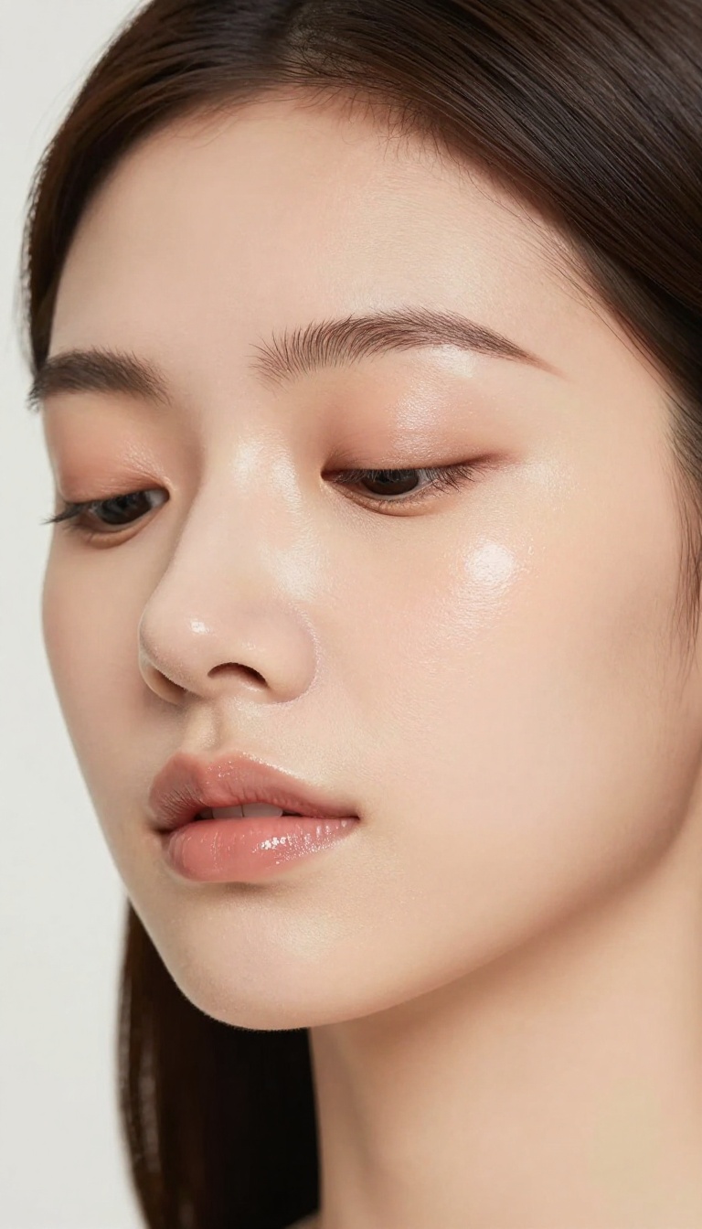 Woman with dewy skin and clear lip gloss, fresh makeup look