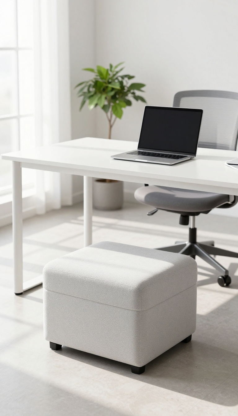 Ergonomic desk footrest under a desk in a bright home office