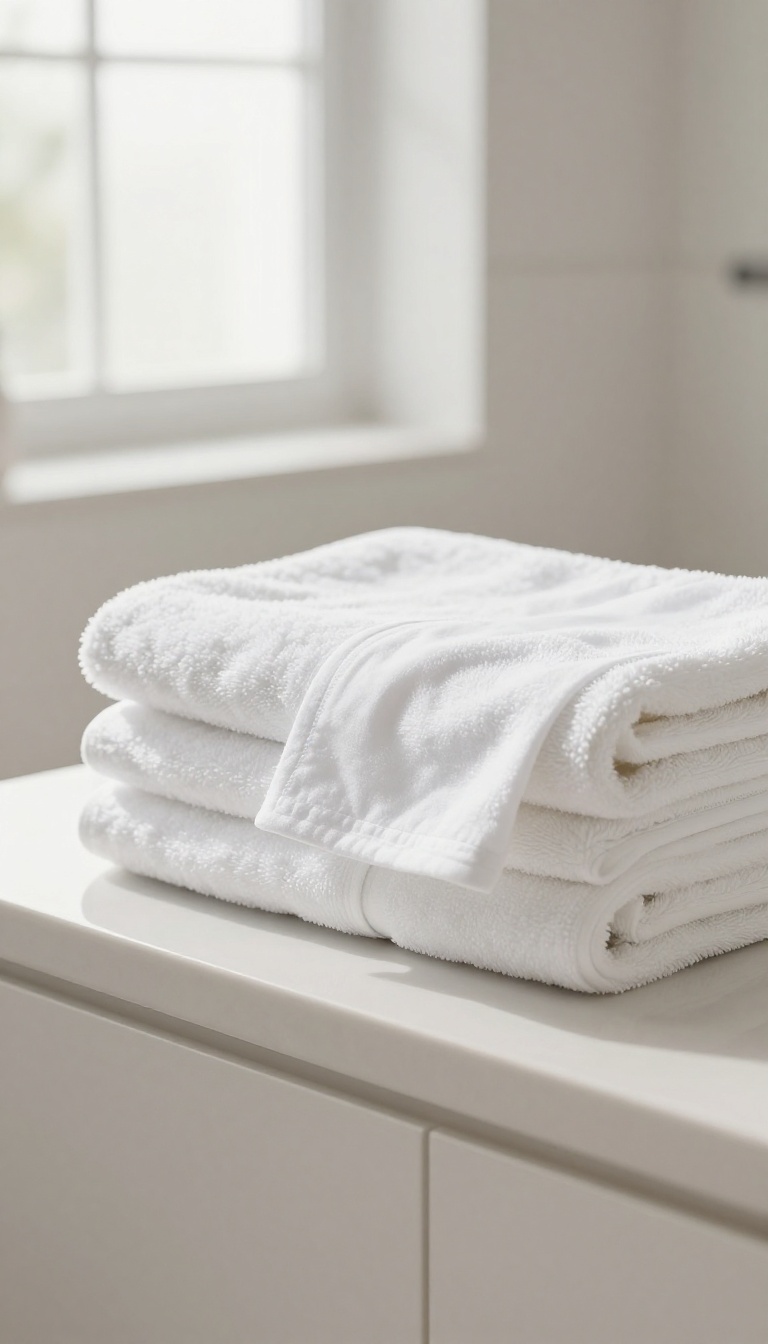Fresh white towels and a clean pillowcase arranged on a bathroom counter in natural light, symbolizing skincare hygiene.