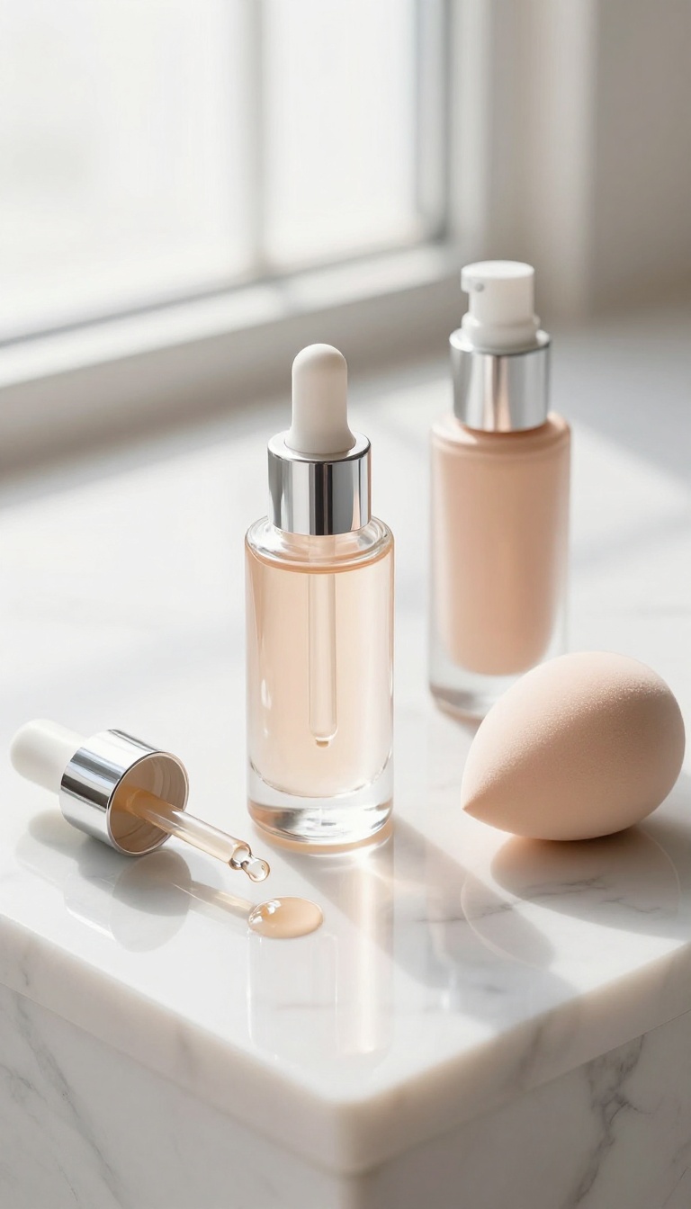 Illuminating primer and liquid highlighter on a marble surface with a makeup sponge and foundation bottle