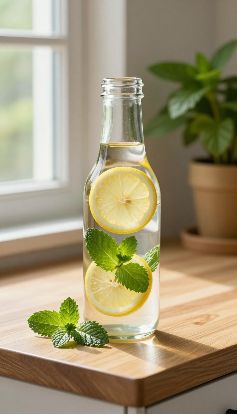 A clear water bottle with lemon and mint on a sunlit kitchen counter, symbolizing daily hydration for a glowing skin routine.