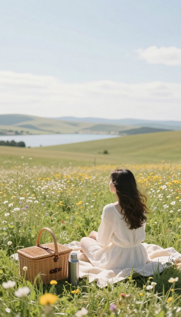 Person enjoying a scenic picnic in a meadow on a sunny day