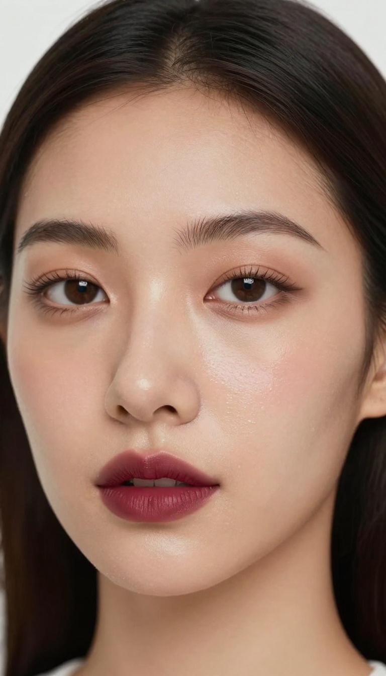 Woman with minimal dewy makeup and bold berry lip, glowing skin, natural light portrait