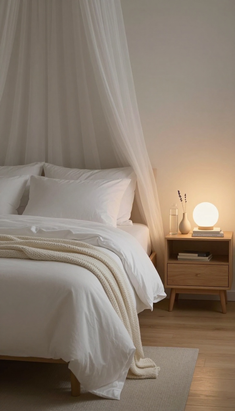 A calm, inviting bedroom setup for a good night's sleep, with soft lighting and cozy bedding.