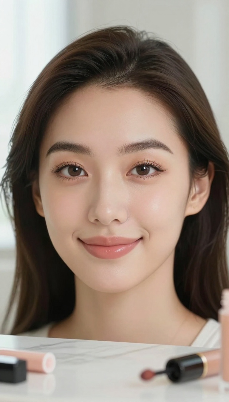 Woman with a natural 5-minute makeup look, featuring minimal concealer, mascara, and tinted lip balm, in a bright, clean setting.