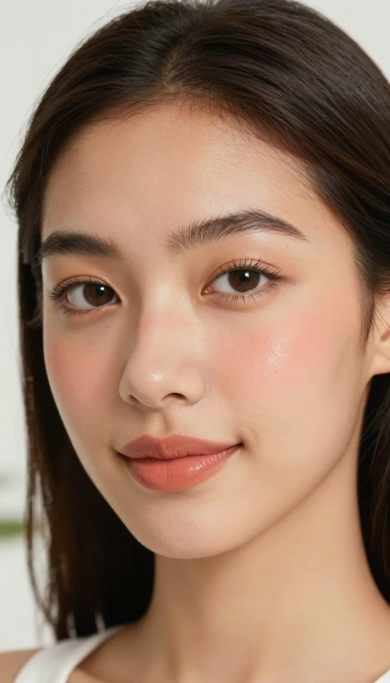 Woman with soft coral blush and lip tint, glowing skin, minimal makeup, natural light