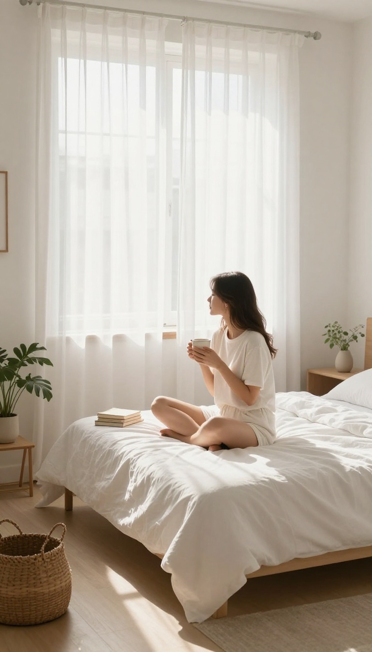 Woman enjoying a peaceful morning coffee in a sunlit bedroom, representing a calm morning routine.