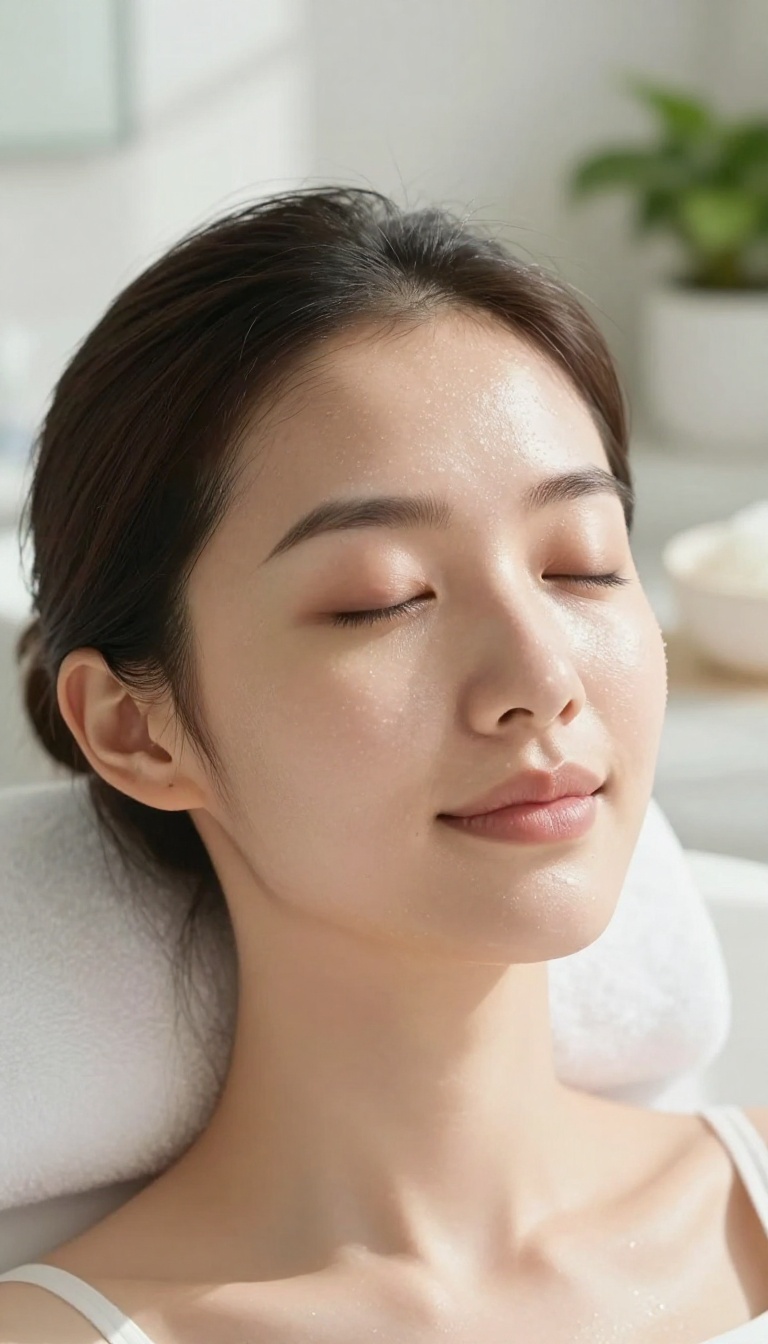 Woman with glowing skin after exfoliating, surrounded by spa-like setting with natural light.