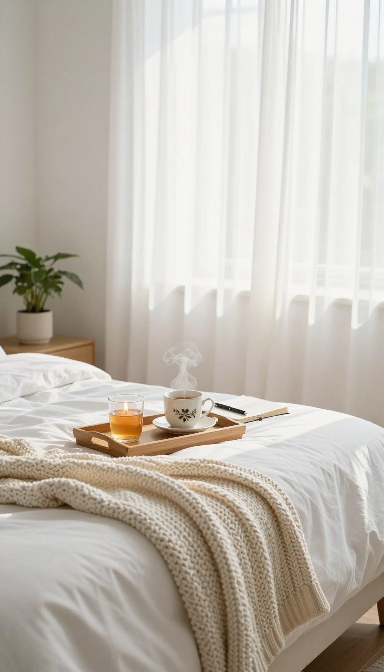 A tranquil morning self-care setup in a bright bedroom with tea, candle, and journal on a bed tray