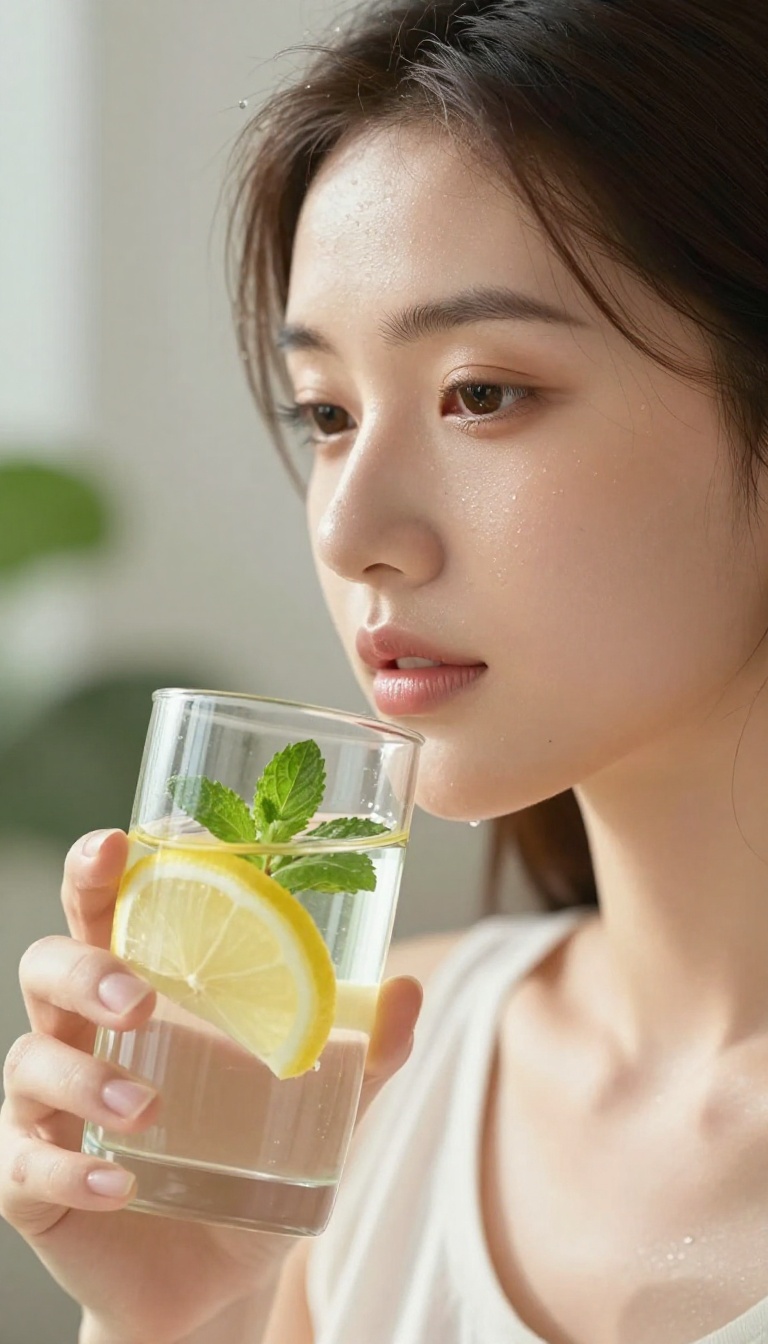 Woman with glowing skin holding a glass of infused water