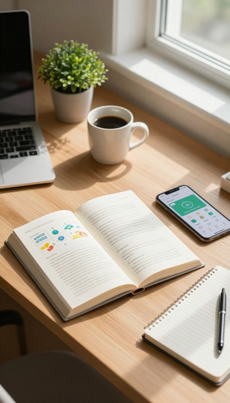 A bright desk scene with an open book, a phone showing a learning app, and a notebook, symbolizing daily learning.