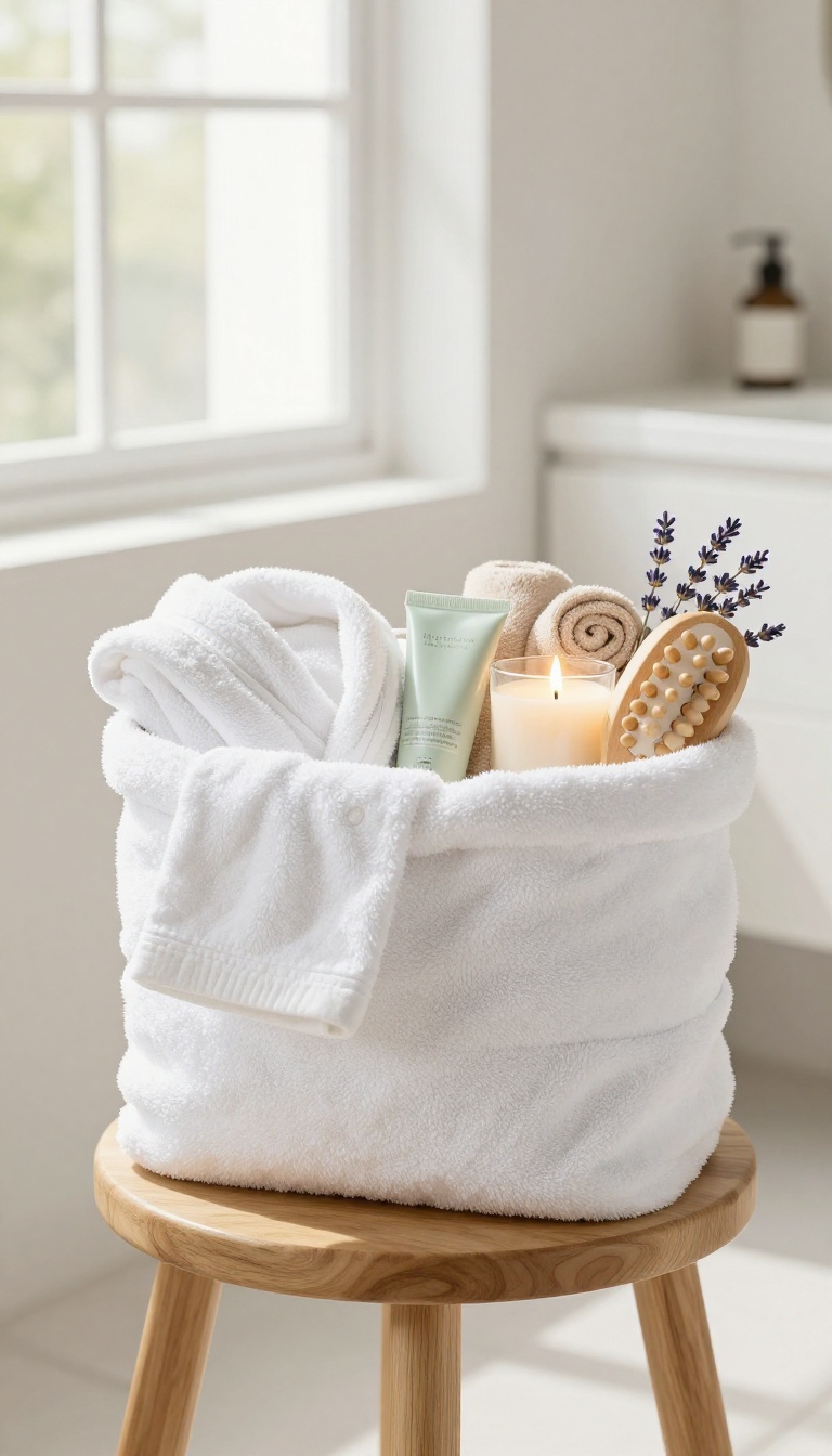 Spa day at home basket with robe, towels, candle, face mask, and scalp massager on a wooden stool in a bright bathroom.